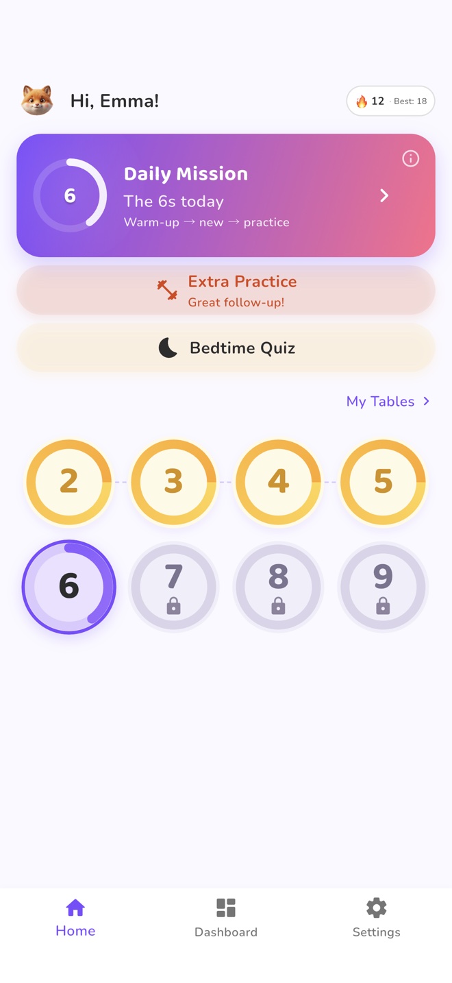 Home screen showing Daily Mission card, Extra Practice and Bedtime Quiz buttons, and times tables grid from 2 to 9